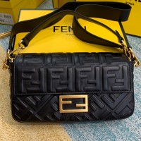 Lushentic Replica Baguette Black Lamb Nappa Leather Medium Bag FF Clasp