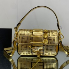 Lushentic Rep Brooch Mini Baguette Fendace Bag Gold Perforated Leather Cross-body Handbag