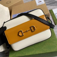 Lushentic Rep Gucci GG Small Horsebit 1955 Textured Leather Shoulder Bag in White/Yellow