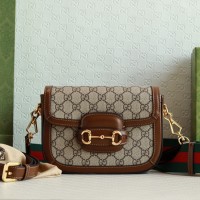 Lushentic Rep Horsebit 1955 658574 Mini Cross-body Bag ‎Beige Ebony GG Monogram Canvas Brown Leather Trim