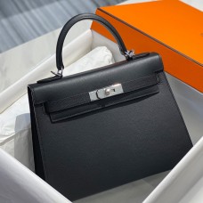 Lushentic Replica Full Handmade Epsom Kelly Sellier Black Silver White Gold Hardware 28cm Handbag Shoulder Bag