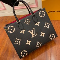 Lushentic Rep ONTHEGO MM Medium Tote Bag Black/Cream Embossed Grained Cowhide Leather Shoulder Handbag