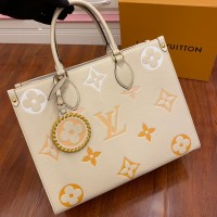 Lushentic Rep OnTheGo MM M45717 Tote Bag Monogram Empreinte Leather Handbag Cream/Saffron