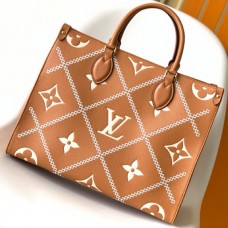 Lushentic Rep ONTHEGO MM TOTE BAG Arizona Brown/Crème Beige Embroidered Embossed Supple Grained Cowhide Leather Stitched Motif