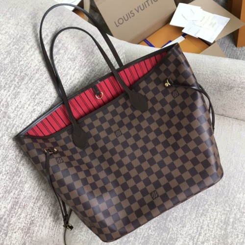 Lushentic Rep N41358 NEVERFULL MM Tote Bag Damier Ebene Canvas Outside  Cerise Red Inside