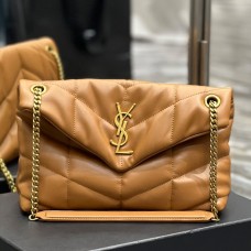 Lushentic Replica LOULOU PUFFER SMALL CHAIN FLAP BAG IN QUILTED LAMBSKIN MONOGRAM Black/Caramel Brown/White