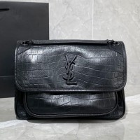 Lushentic Replica NIKI MEDIUM CHAIN BAG IN CROCODILE-EMBOSSED LEATHER Black Hardwares